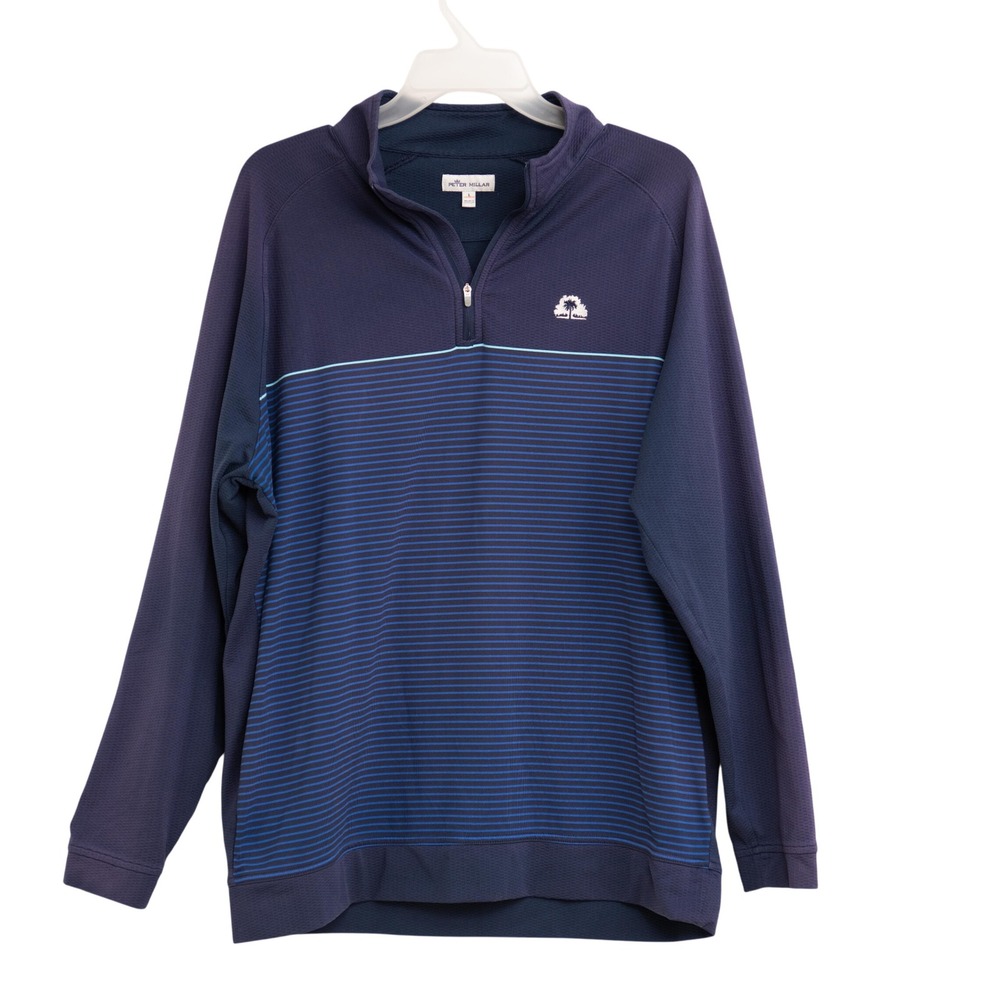 Peter Millar Mens Large Golf Blue Striped Quarter Zip Pullover Jacket Athleisure
